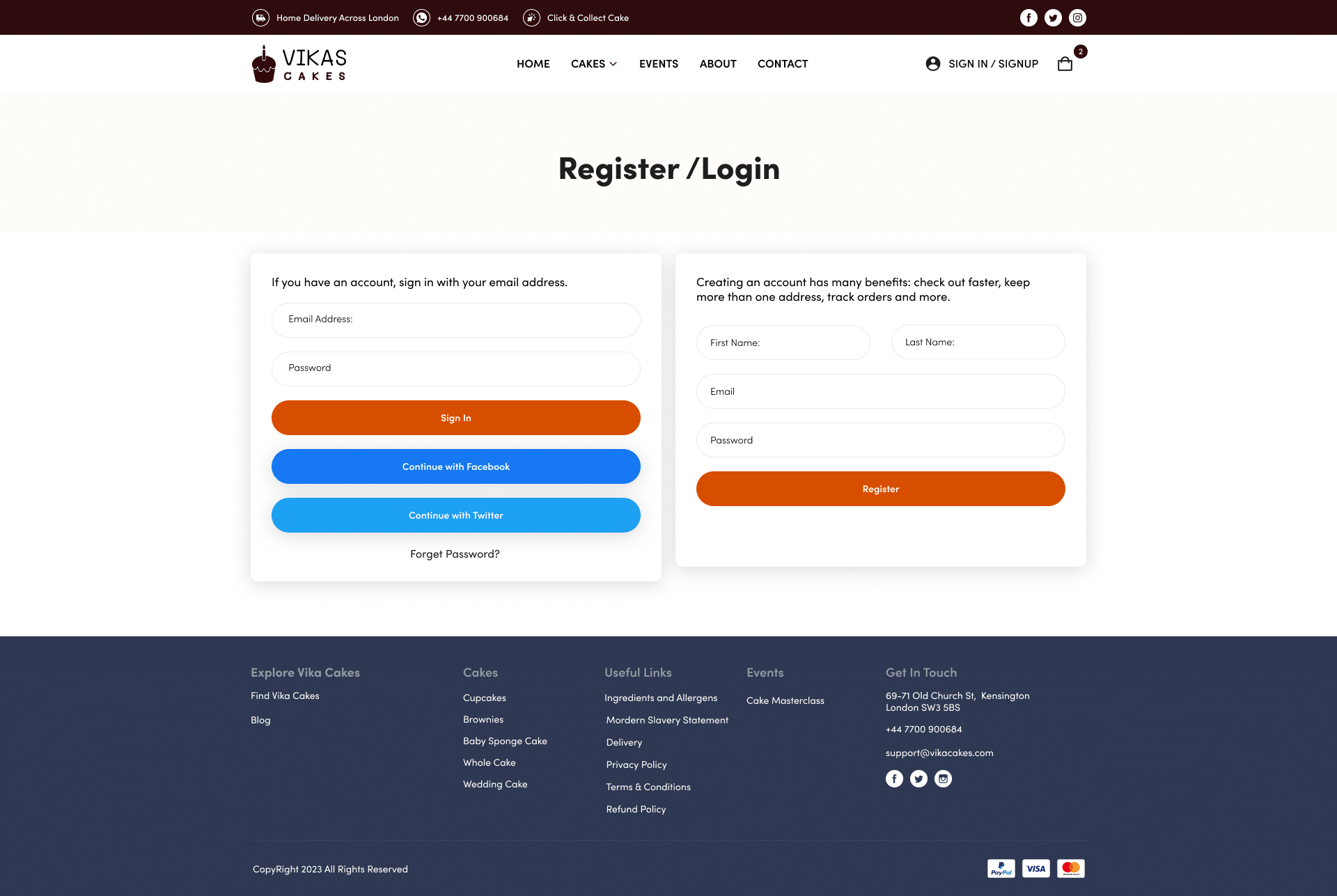 vika cake login and register design page